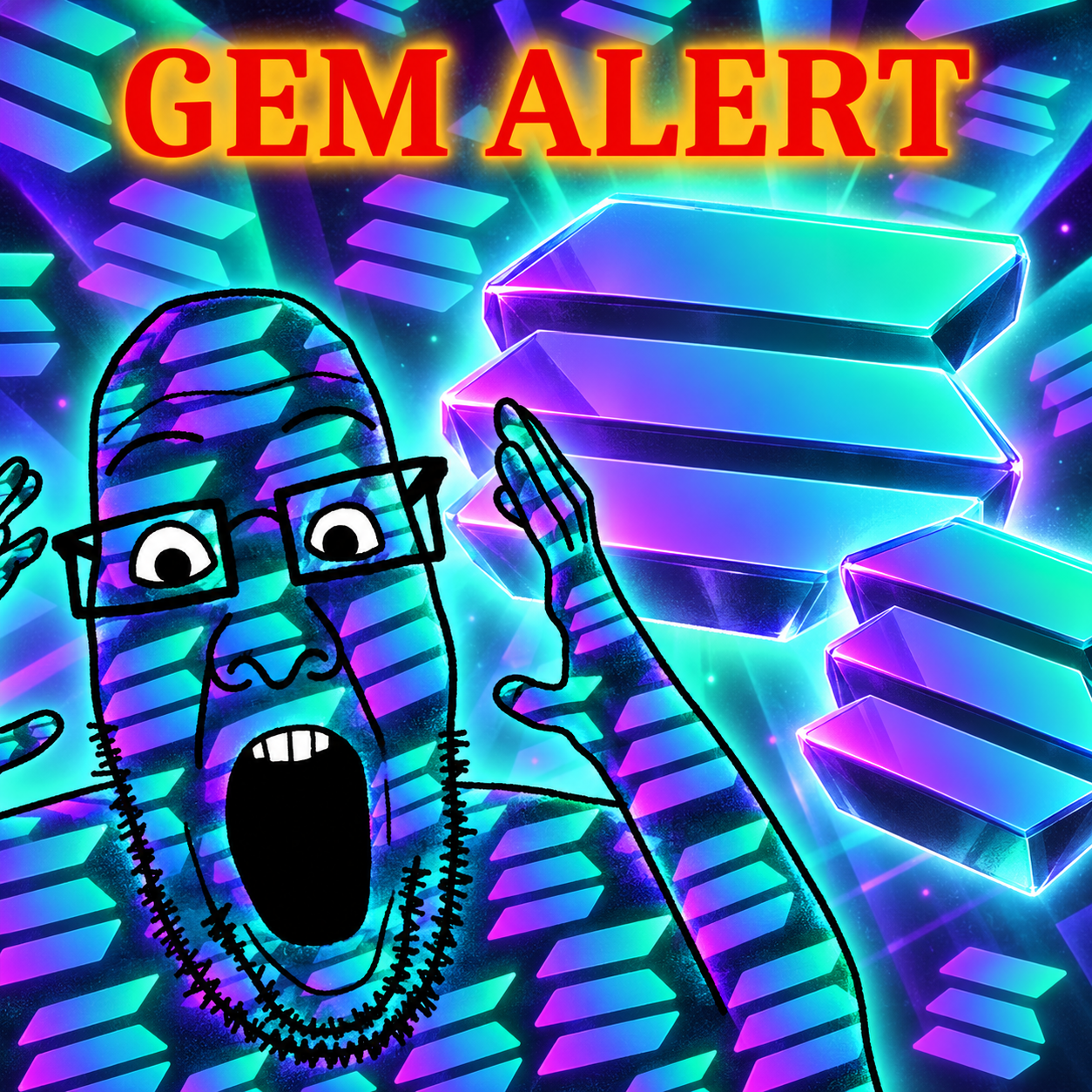 GEM ALERT neon Solana meme character artwork